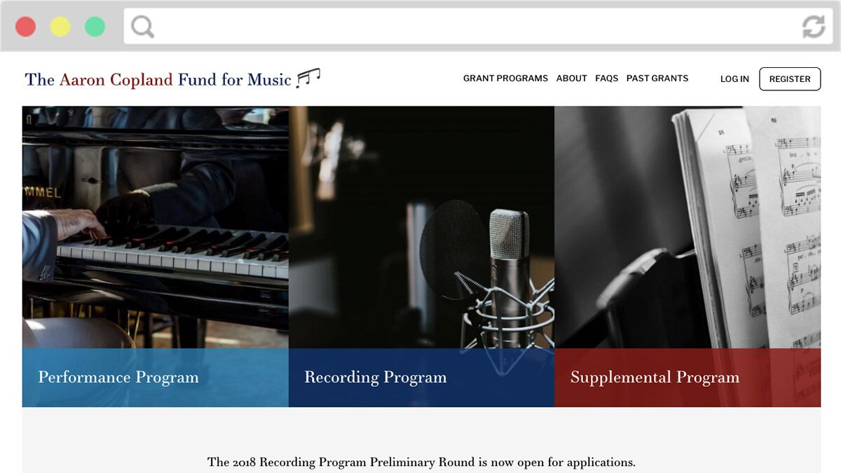 Screenshot of Aaron Copland grant programs page