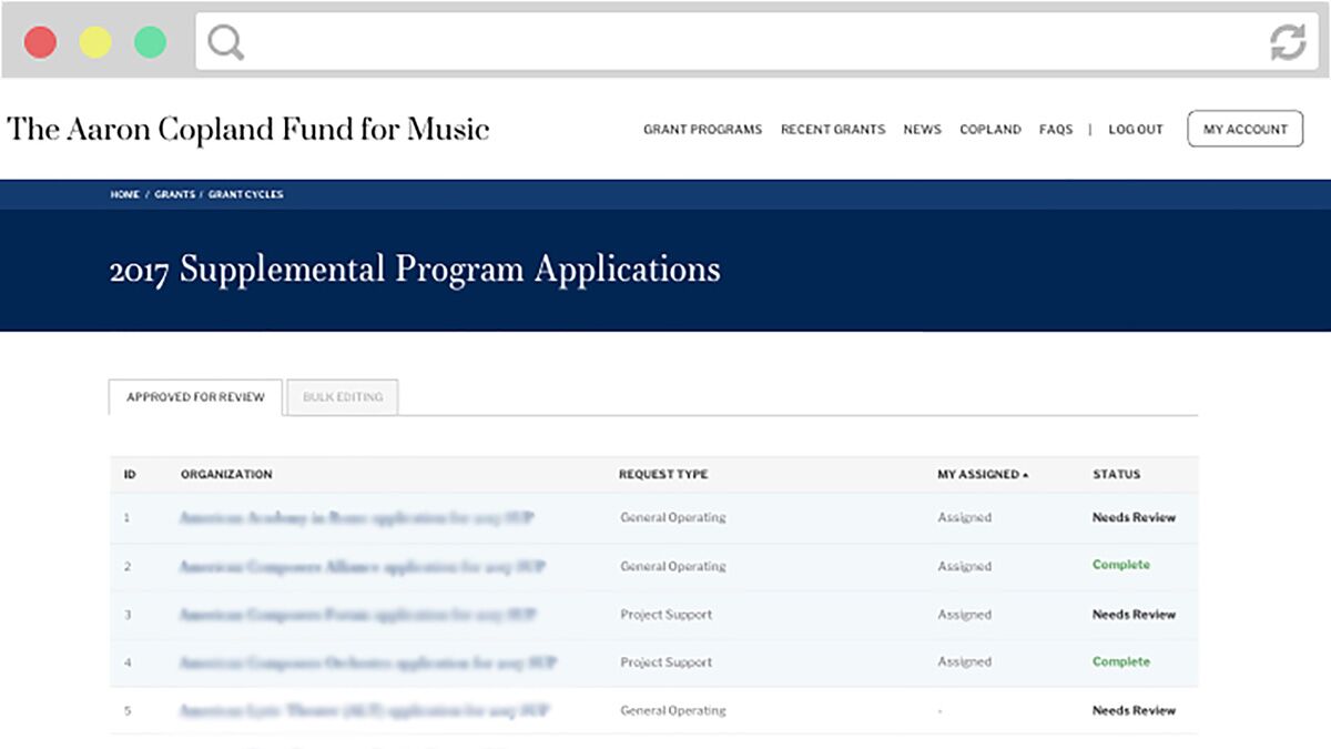 Screenshot of Aaron Copland applications page