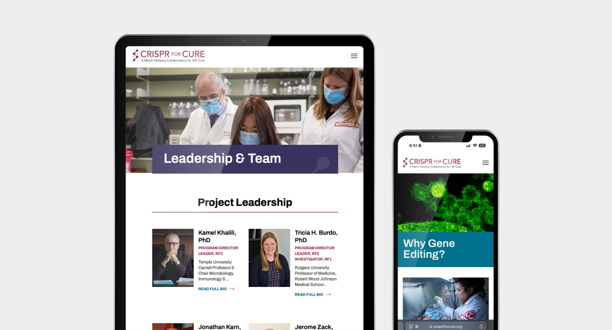 Tablet and mobile phone showing images of the CRISPR for CURE website pages